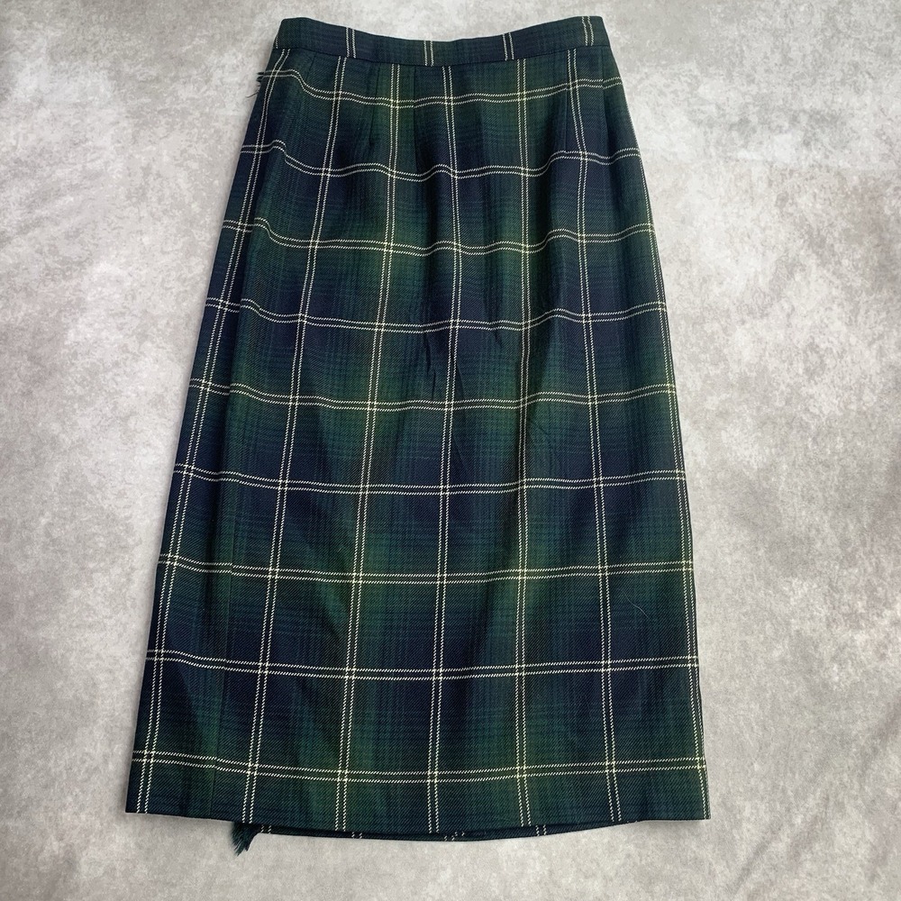 Talbots Wool Blend Long Wrap Maxi Skirt Green Tartan Plaid Italian Size 12 - Picture 7 of 8